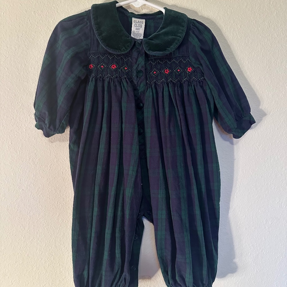Class Club Baby corduroy, smocked romper with velvet Peter Pan collar